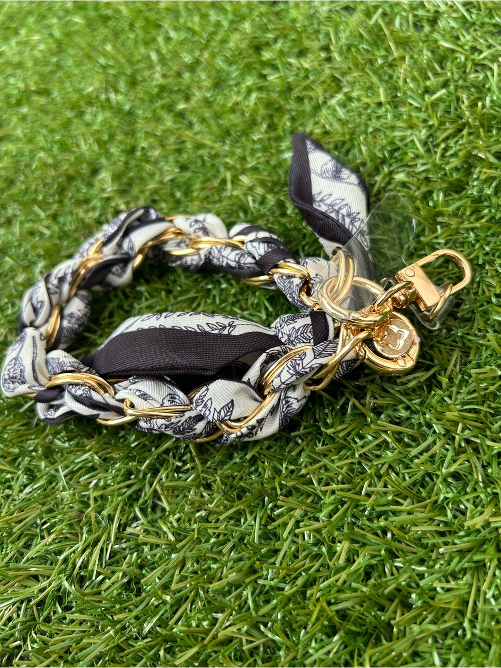 Gold Chain and Black & White Scarf Braided Bracelet / bag charm / new